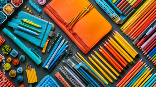 Colorful stationary school supplies like pencils and notebooks on flat background. 