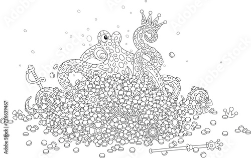 Tela Giant octopus and a large pile of gold coins and jewels from a treasury of a fai