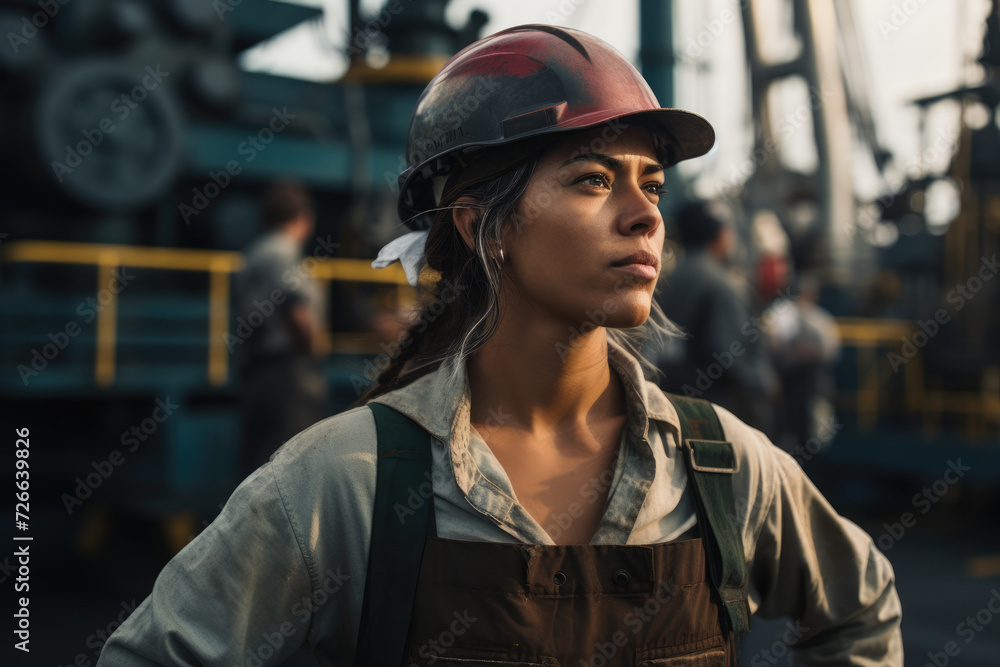 Amidst the hum of heavy machinery, a focused woman in a hard hat contemplates her next move, embodying the spirit of workplace equality