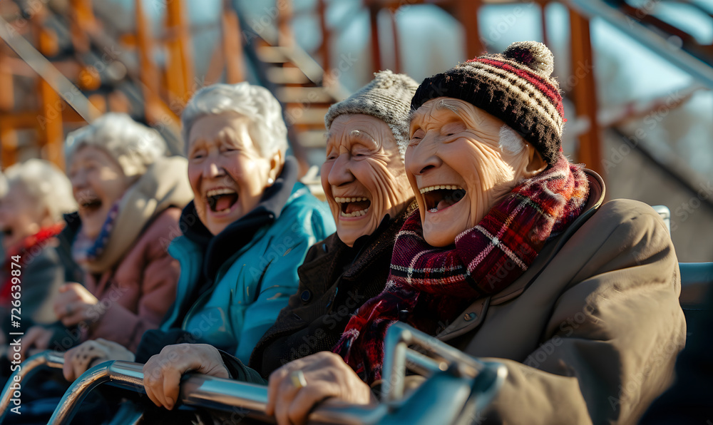 Elderly senior couple traveling at an amusement park, roller coaster Vikings joyful, Elderly society