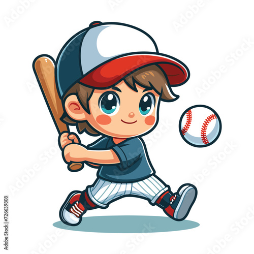 Happy cute little boy playing baseball softball in action cartoon vector illustration, hitter swinging with bat design template isolated on white background