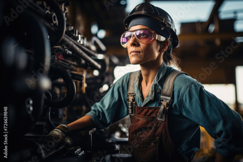 determined woman in work attire stands confidently amidst industrial machinery, showcasing her technical skill © gankevstock
