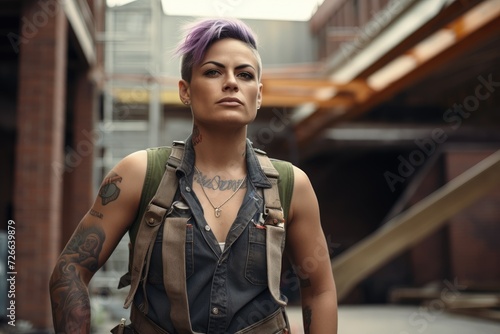 Amidst the steel structures of a construction site, a genderqueer worker stands confidently, their presence challenging traditional gender norms in labor intensive jobs