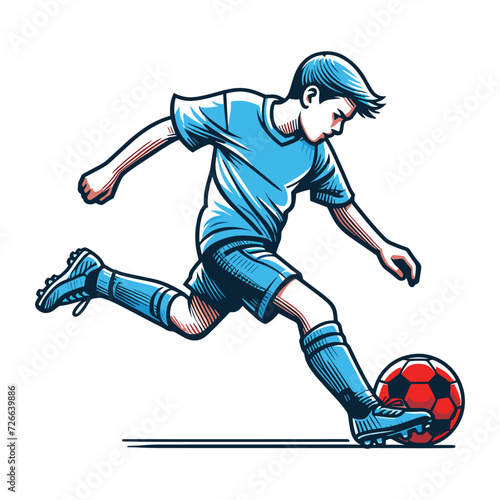 Happy cute little boy playing soccer football game in action cartoon vector illustration  kid player kicking ball design template isolated on white background