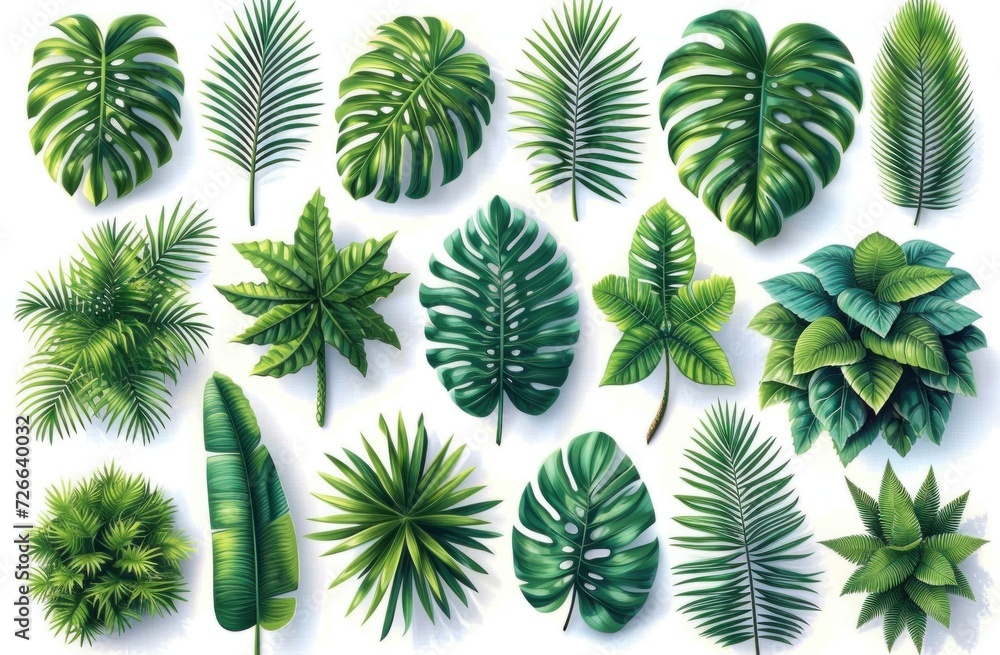 Watercolor Set Collection Modern green tropical leaves, isolated white background Watercolor Set Collection Modern green tropical leaves, isolated white background
