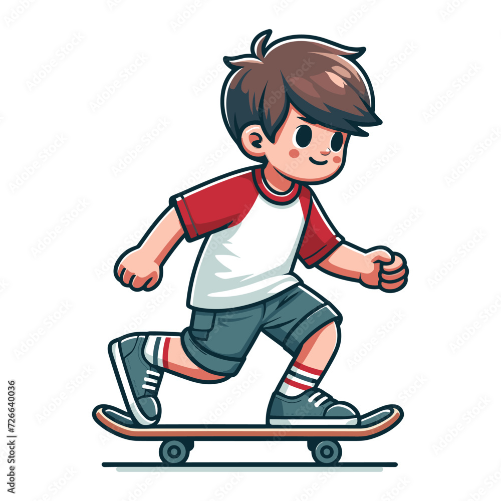 happy cute little kid boy playing skateboard vector illustration, boy skater design template isolated on white background happy cute little kid boy playing skateboard vector illustration, boy skater design template isolated on white background