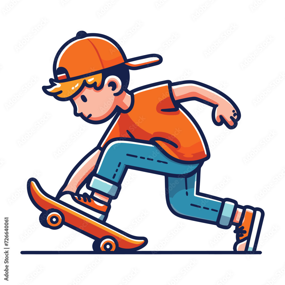 happy cute little kid boy playing skateboard vector illustration, boy skater design template isolated on white background