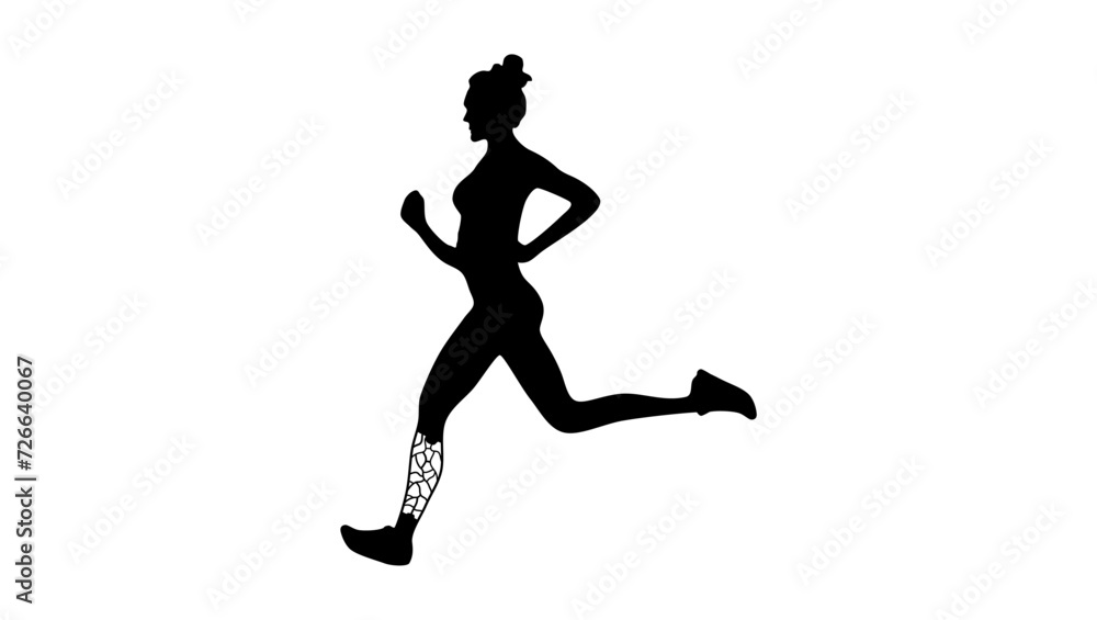 woman running with 3D printed exoprosthetic leg, black isolated silhouette woman running with 3D printed exoprosthetic leg, black isolated silhouette