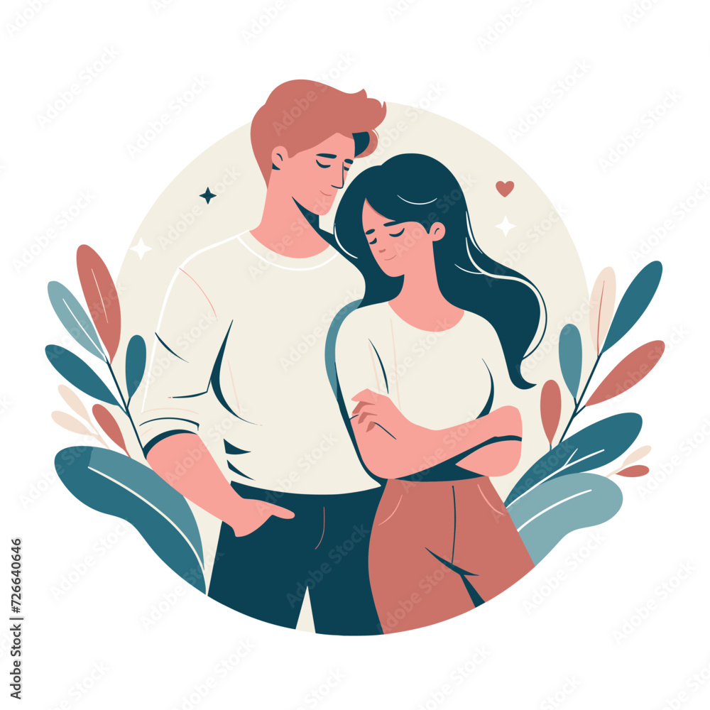 Romantic couple lovers vector illustration, Happy young male female couple together, wife and husband loving relationships. Flat design illustration isolated on white background Romantic couple lovers vector illustration, Happy young male female couple together, wife and husband loving relationships. Flat design illustration isolated on white background