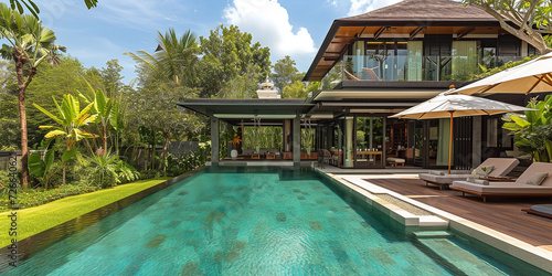 Luxury villa with tropical pool in lush green garden. © Oleksandr