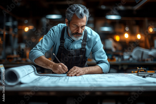 Man in construction company working with blueprint