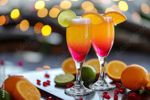 Citrus Cocktail Elegance. Two elegant cocktails with citrus gradients and a festive background.
