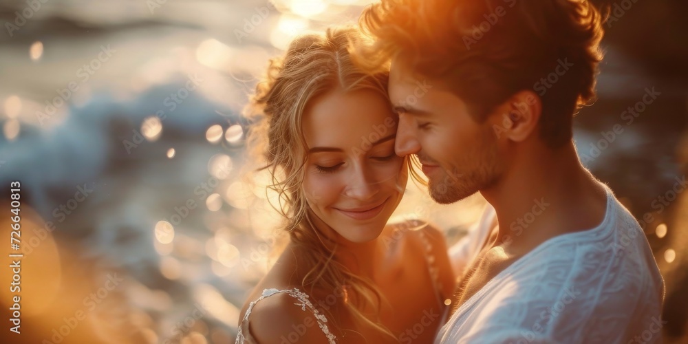 Romantic Twilight Embrace: A Couple's Intimate Moment by the Ocean as the Sunset Paints a Perfect Backdrop Romantic Twilight Embrace: A Couple's Intimate Moment by the Ocean as the Sunset Paints a Perfect Backdrop