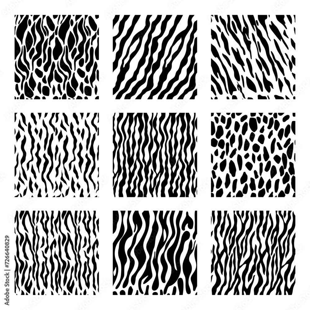 Set of seamless animal fur prints skin pattern. Texture banner with spots and printable background
