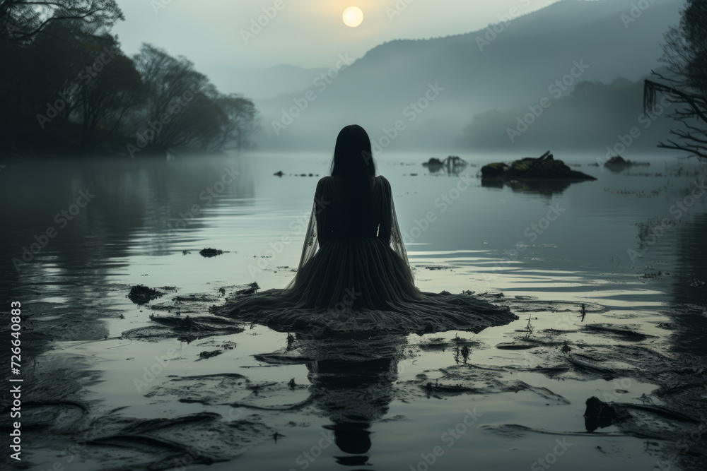 An ethereal scene of a foggy, moonlit lake where a mystical figure stands at the water's edge, creating an atmosphere of mystery and contemplation.  Generative Ai.