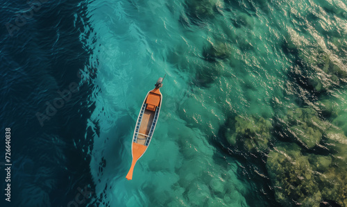 Boat on the water surface from top view, turquoise blue water background from top view, summer seascape from air, island, travel and vacation image © anatoliycherkas