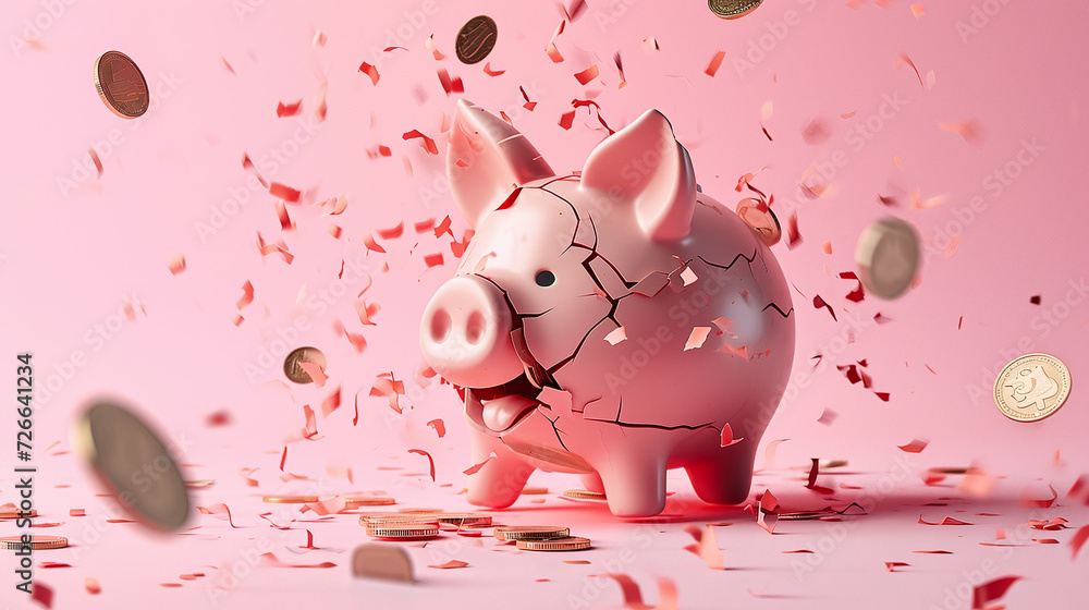 pink pig piggy bank breaks into pieces and coins fly in different directions pink pig piggy bank breaks into pieces and coins fly in different directions