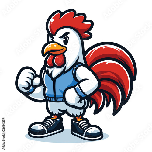 Chicken rooster muscle fighting sports mascot logo character cartoon illustration, vector design isolated on white background © lartestudio
