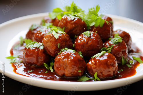 Plate with meatballs, sauce and parsley