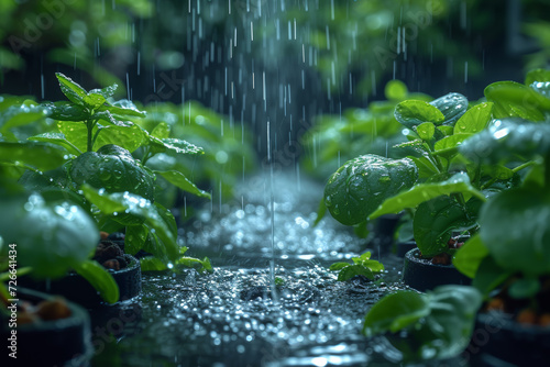 A captivating image of a rainwater harvesting system in action, showcasing the ingenuity behind collecting and utilizing rainwater for sustainable water management. Generative Ai.