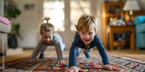 Joyful children playing on the floor in a cozy living room. candid family moments captured in natural light. kids having fun at home. AI