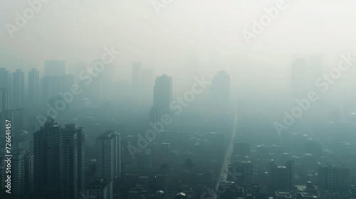 Aerial view of Asian city full of Smoke and smog from PM 2.5 dust, Cityscape of buildings with bad weather and air pollution, Toxic haze in the city, Unhealthy air pollution dust, environment problem. photo