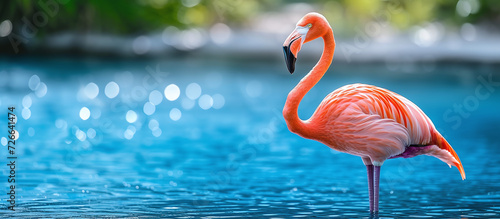 Peach Fuzz flamingo color stands against a blue pond in summer