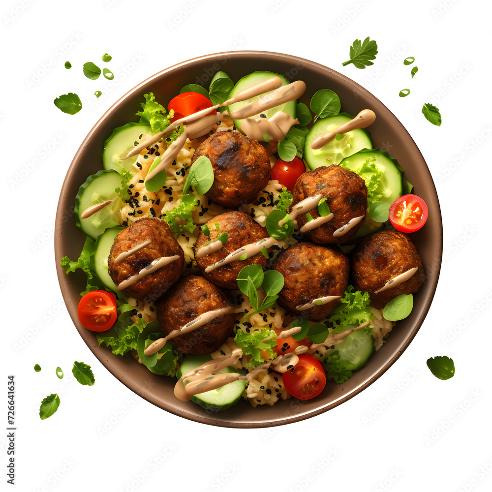 Vegan falafel bowl psd mockup in flat lay style on png background Vegan falafel bowl psd mockup in flat lay style on png background
