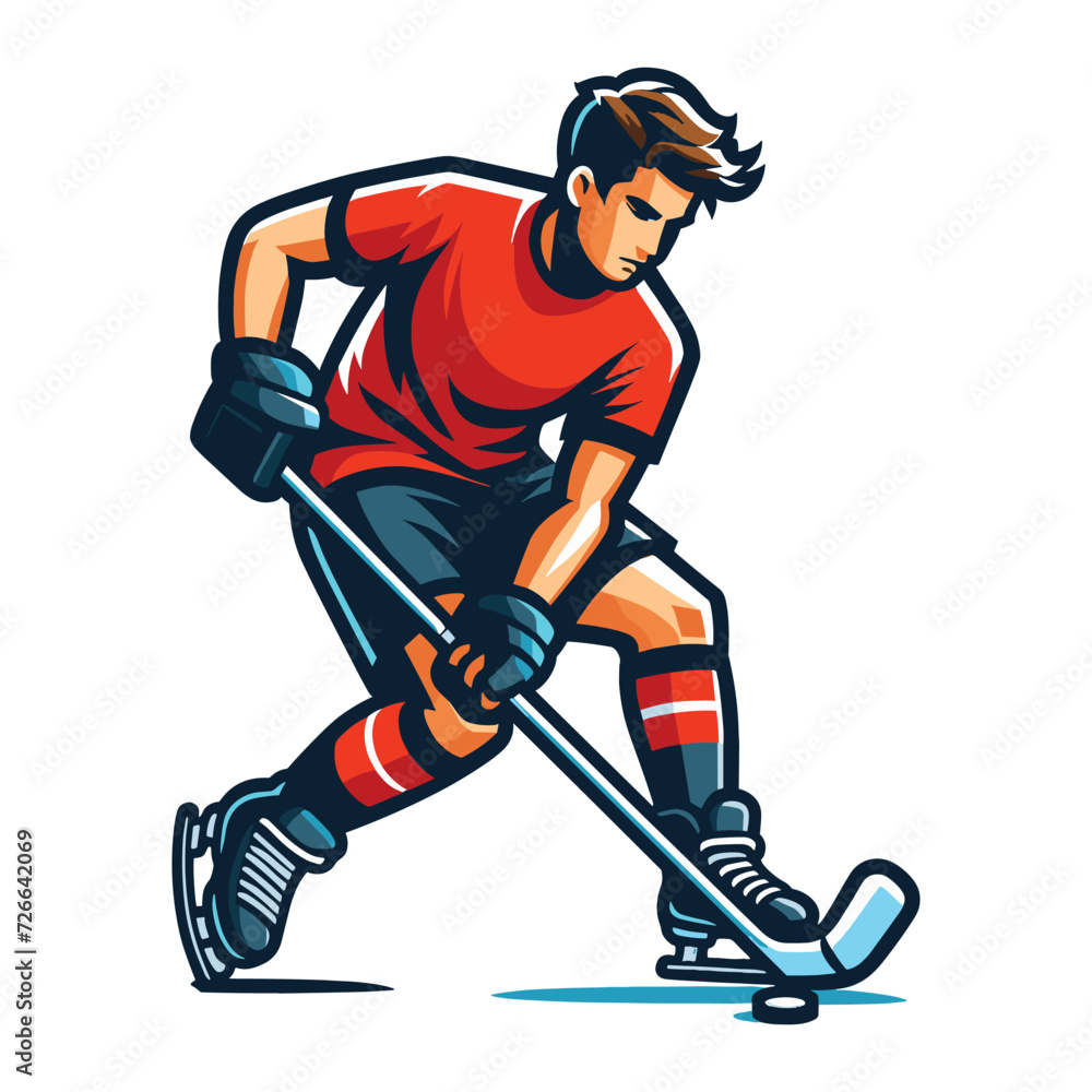 Obraz premium Ice hockey player sportsman vector illustration, winter sport activity, hockey male player design template isolated on white background