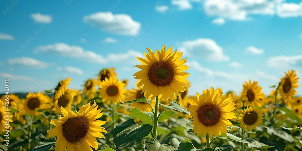 Golden sunflowers under a clear blue sky. nature's beauty captured. perfect for summer-themed designs and backgrounds. AI