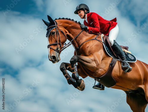 An engaging photo depicts a rider participating in equestrian sports, particularly horse jumping, during an exhilarating show jumping competition. © aka_artiom