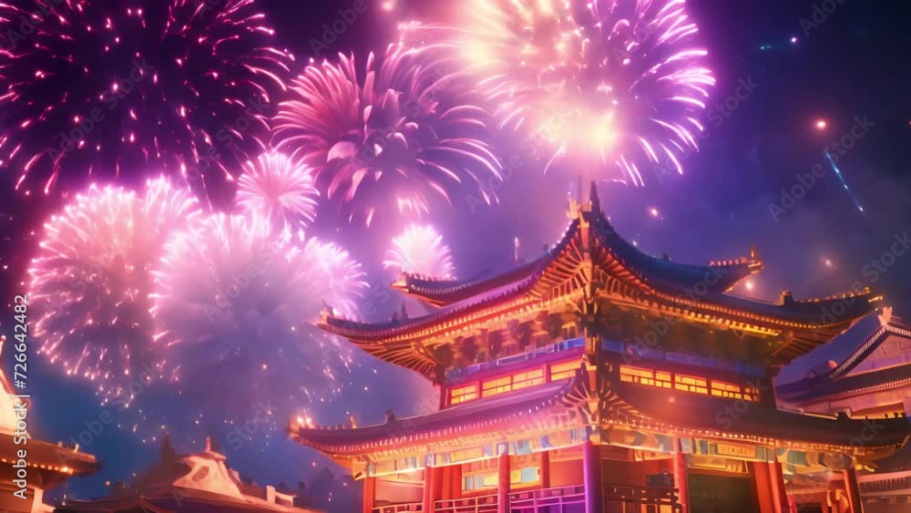 Video Stock Fireworks Chinese New Year above temple. Lunar New Year