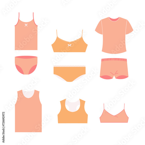 Set of girl's sport underwear. Bra, panties, t-shirt, shorts, sleeveless tank top. Vector illustration on white background.