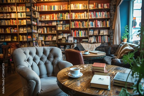 Cozy bookstore caf with a reading nook and artisanal coffee