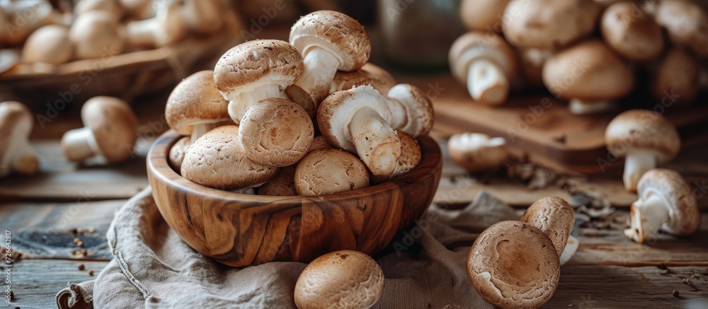 Food cook rustic still life style featuring fresh harvest mushroom on wood table. Food cook rustic still life style featuring fresh harvest mushroom on wood table.