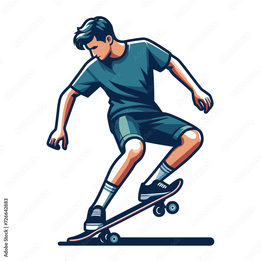 Man playing skateboard vector illustration, skateboarding sport game male player in action flat design style template isolated on white background Man playing skateboard vector illustration, skateboarding sport game male player in action flat design style template isolated on white background