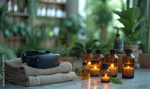 A virtual reality aromatherapy experience that combines soothing scents with calming visuals  creating a multisensory environment for relaxation. Concept of VR aromatherapy. Generative Ai.