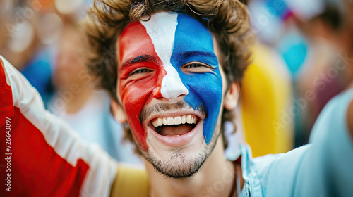 A joyful young guy with a face painted in blue and red colors  fan of Olympic sports competitions 