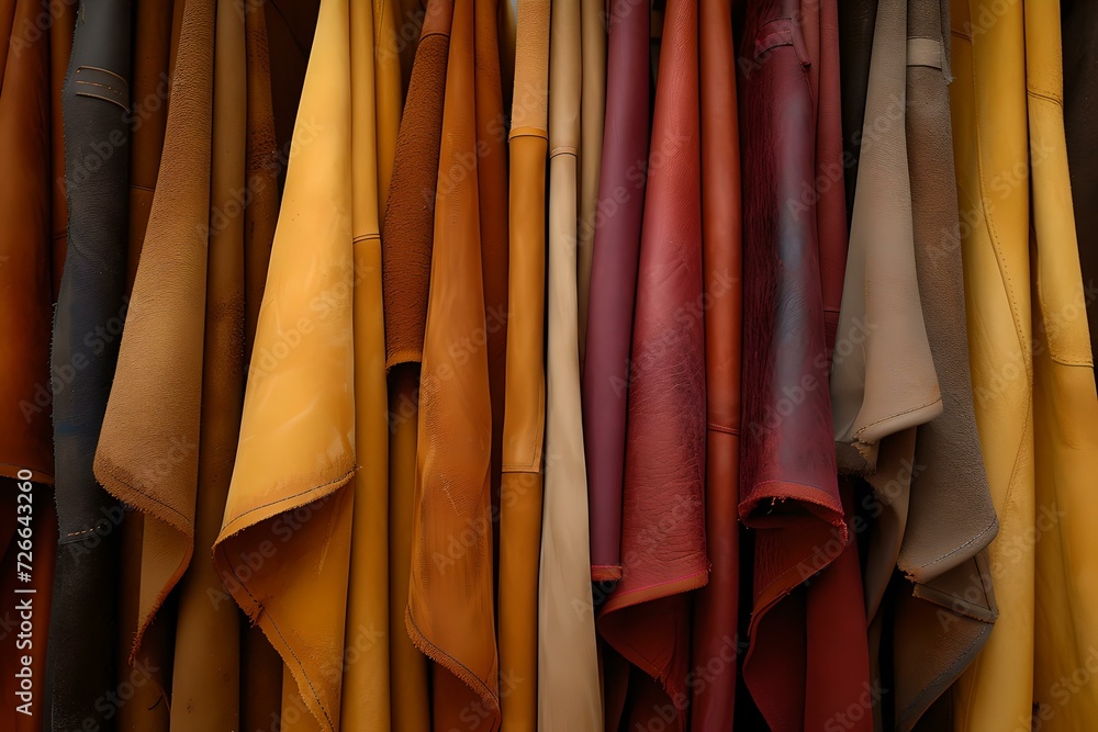 Array of luxurious leather sheets in earthy tones displayed. textures and materials for design. focus on textile quality and variety in fashion. AI Array of luxurious leather sheets in earthy tones displayed. textures and materials for design. focus on textile quality and variety in fashion. AI