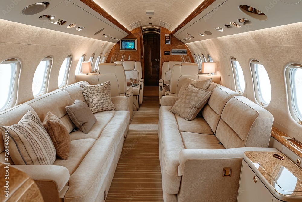 Luxury corporate jet interior with high-end amenities for executive travel Luxury corporate jet interior with high-end amenities for executive travel