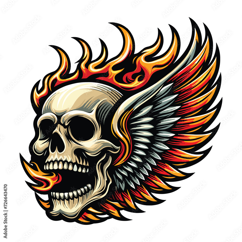 Skull wings fire flames vector illustration, winged skull badge emblem template suitable for apparel t-shirt, poster, motorbike club logo, tattoo. Design isolated on white background