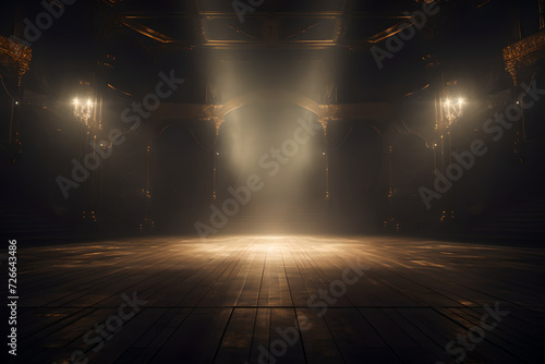An empty stage with illuminated bright spotlights and a smoke effect , There is empty space in the stage background for copy space and text  © YOUCEF