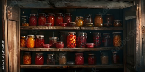 Assorted homemade preserves on rustic wooden shelves. colorful jars of pickled foods. traditional canning technique. ideal for recipe backgrounds. AI