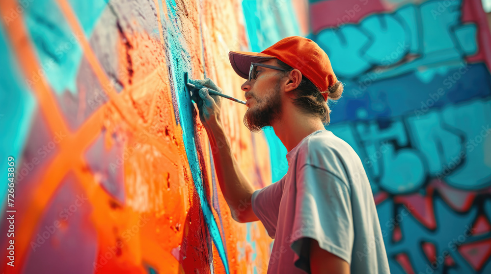 A young man is painting graffiti on the wall. Colorful graffiti on the wall.