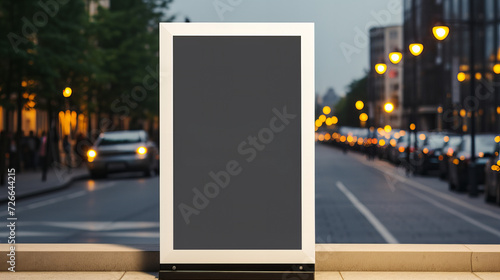 White large horizontal billboard mock up on fence wall with urban modern city background. Mockup. Advertising stand in the street. Blank white street billboard poster light box stand