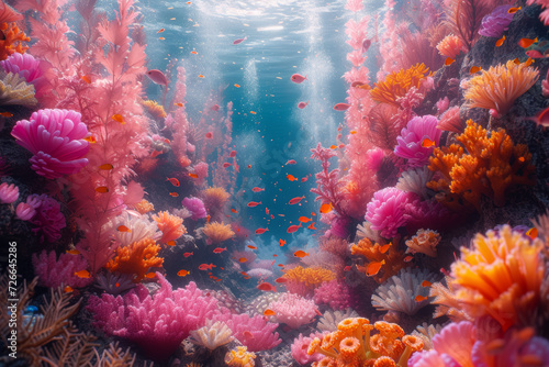 A maximalist representation of underwater life unfolds, where a spectrum of colors showcases the diversity and beauty of marine creatures in a lively and dynamic aquatic scene.  Generative Ai. © Sebastian