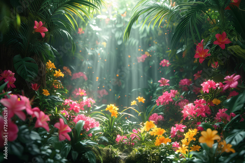 A maximalist explosion of colors in a tropical paradise scene captures the lush beauty and vibrancy of nature, symbolizing the richness of biodiversity in a lively ecosystem. Generative Ai.