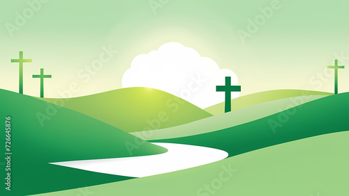 Easter Sunday with cross symbol green background. Christian day illustration template for poster, presentation, banner, social media.