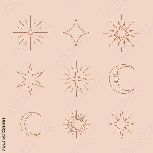 Icônes Etoiles élégants, lune, soleil, constellation, astrologie. Illustration. Vecteurs	