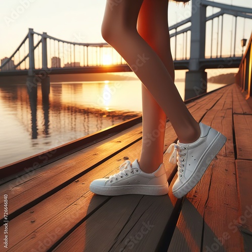 teen girl s legs in white sneakers on the bridge at sunset photo